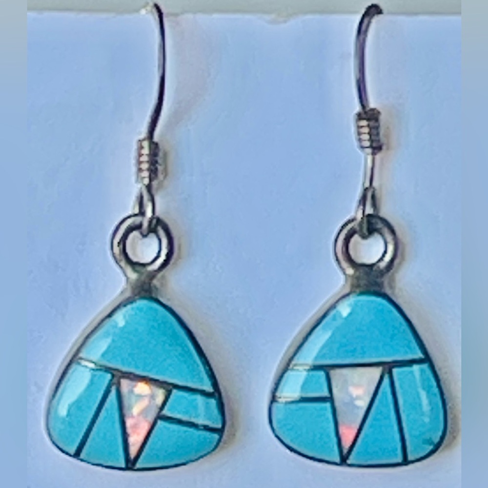 VTG NATIVE AMERICAN ZUNI STERLING TURQUOISE OPAL DANGLE EARRINGS